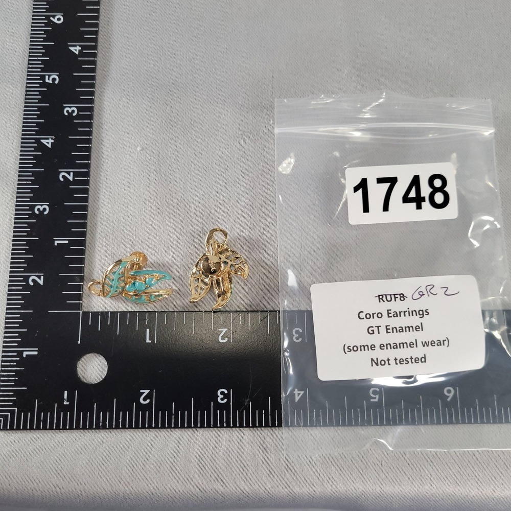 Coro Vintage Gold‎ Tone Earrings Turquoise Blue Enamel Leaf Screw Back - Picture 7 of 7